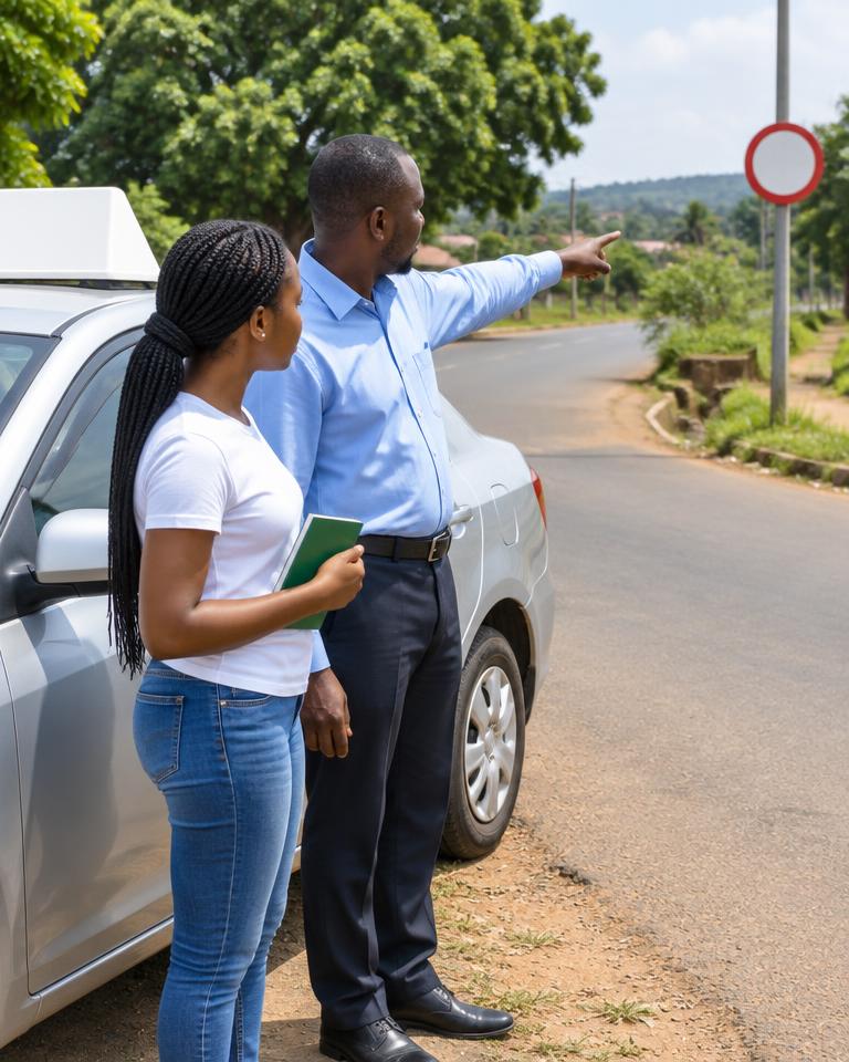 An instructor guiding a learner on road signs